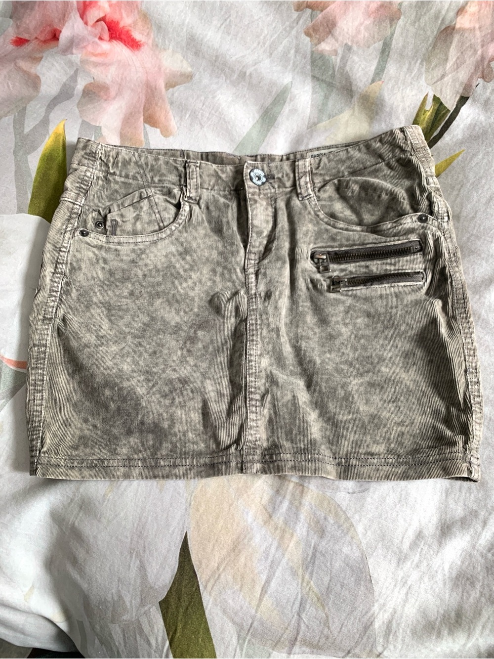 Washed Gray Corduroy Mini Skirt with Zip Pocket